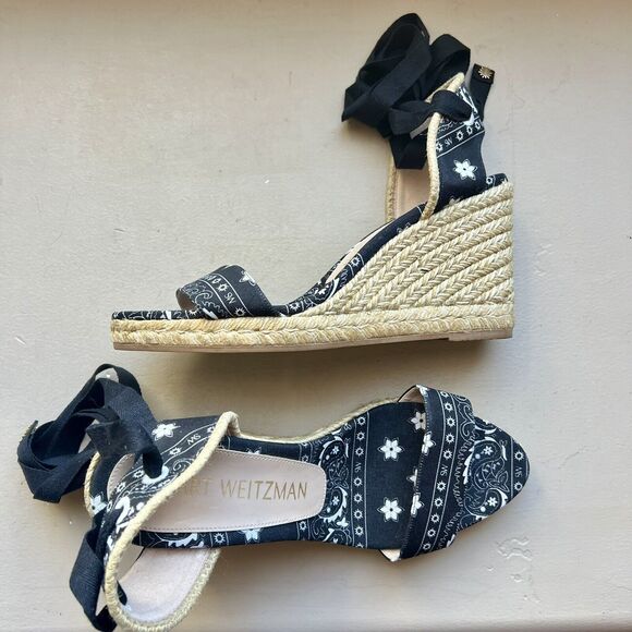 Stuart Weitzman Illeana Black Paisley Bandana Print Espadrille Sandal Women 8.5 - Picture 12 of 16